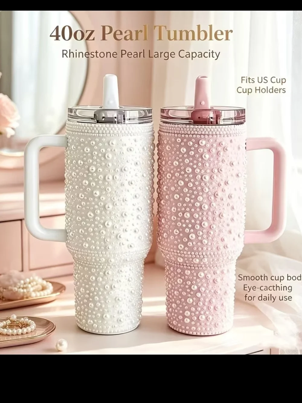 Pearl Rhinestone 40oz Tumbler with Handle - Pink and White